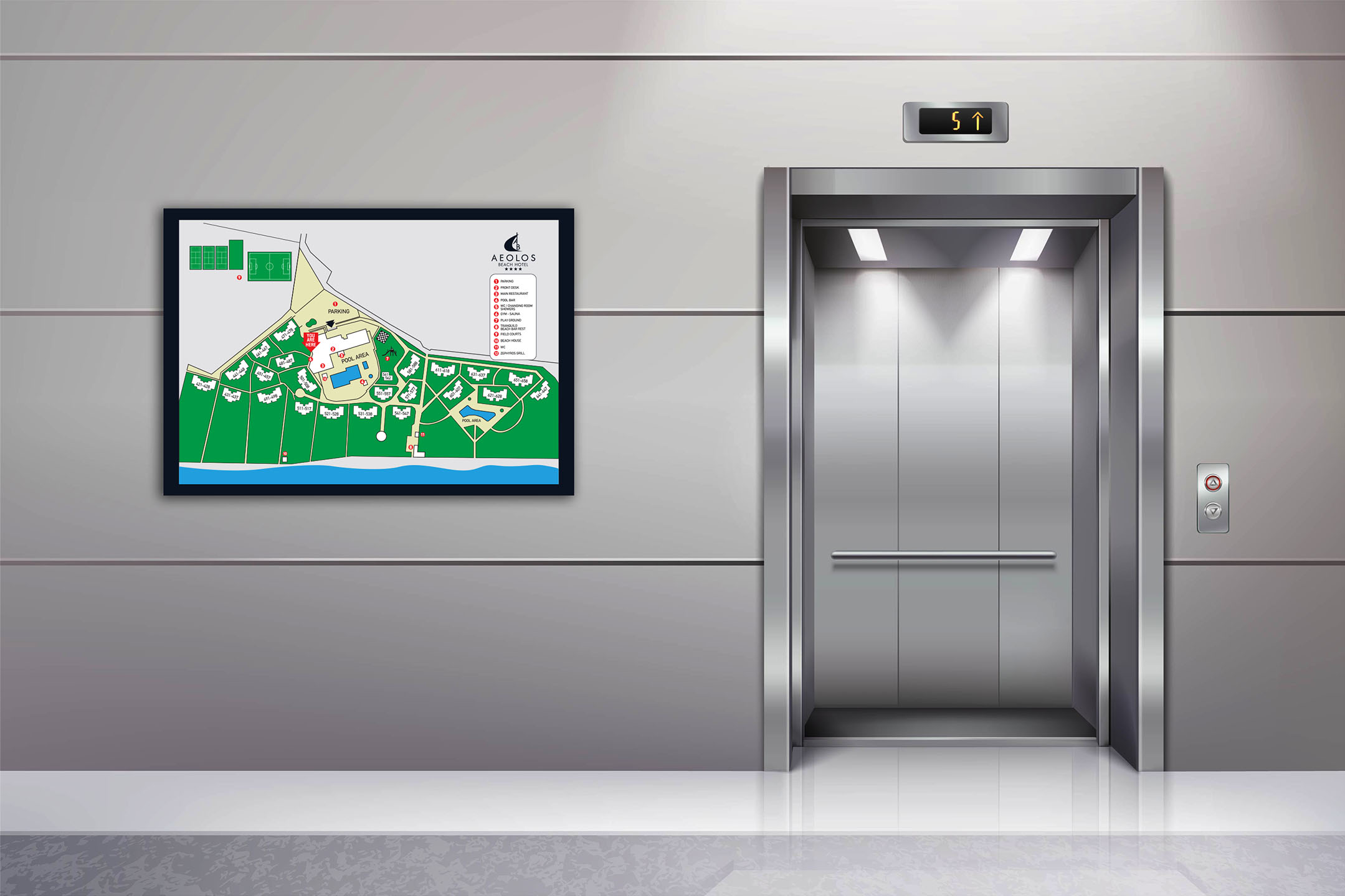 outdoor signage aeolos beach hotel